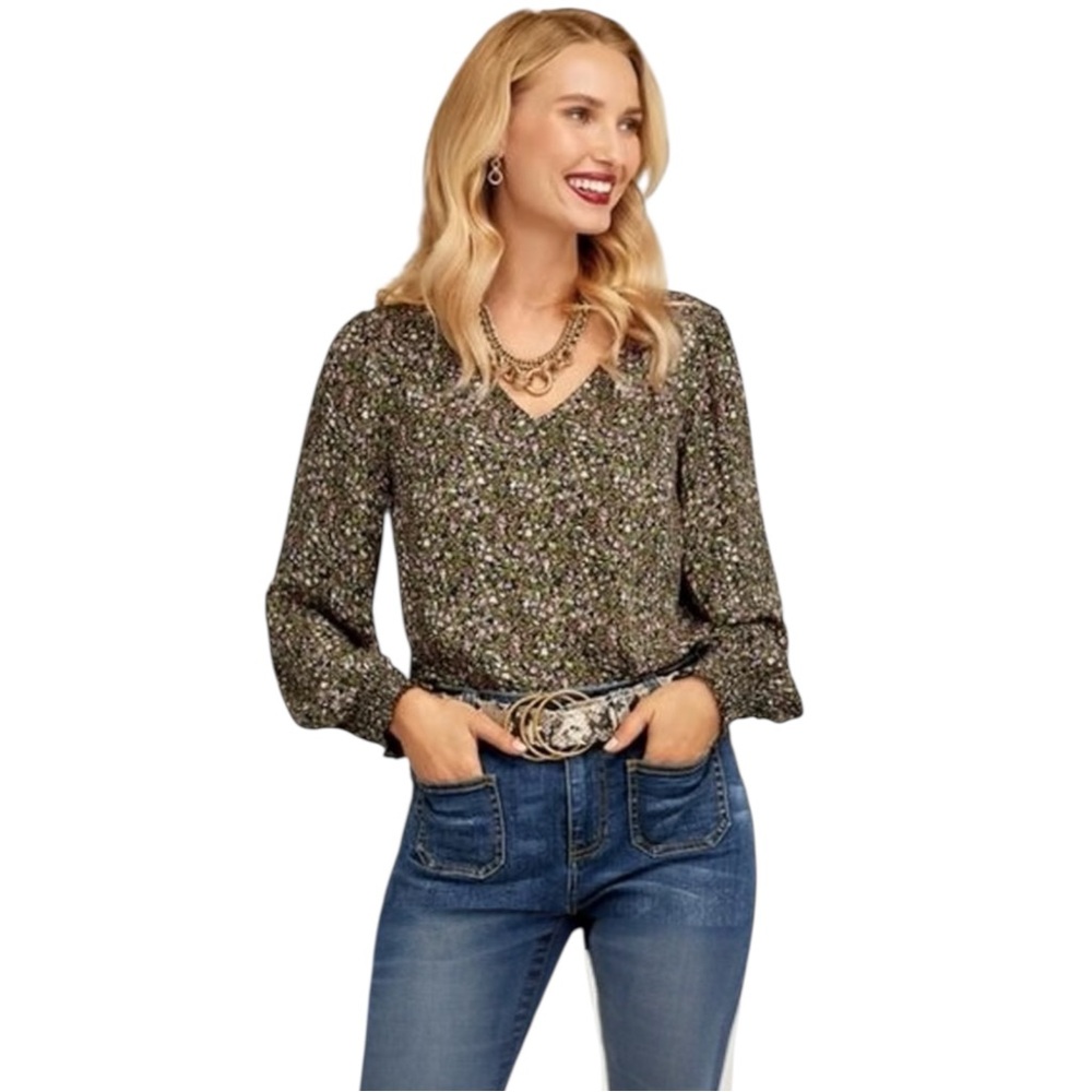 CAbi Chorus Blouse Olive and Lavender Floral V-Neck Blouse Size XS